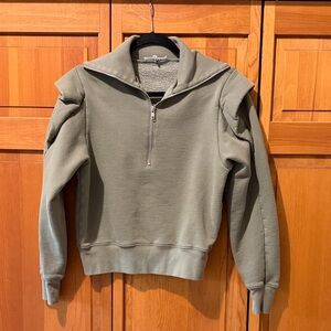 Frame Ruffle Shoulder Sporty Zip Sweatshirt Military Green
